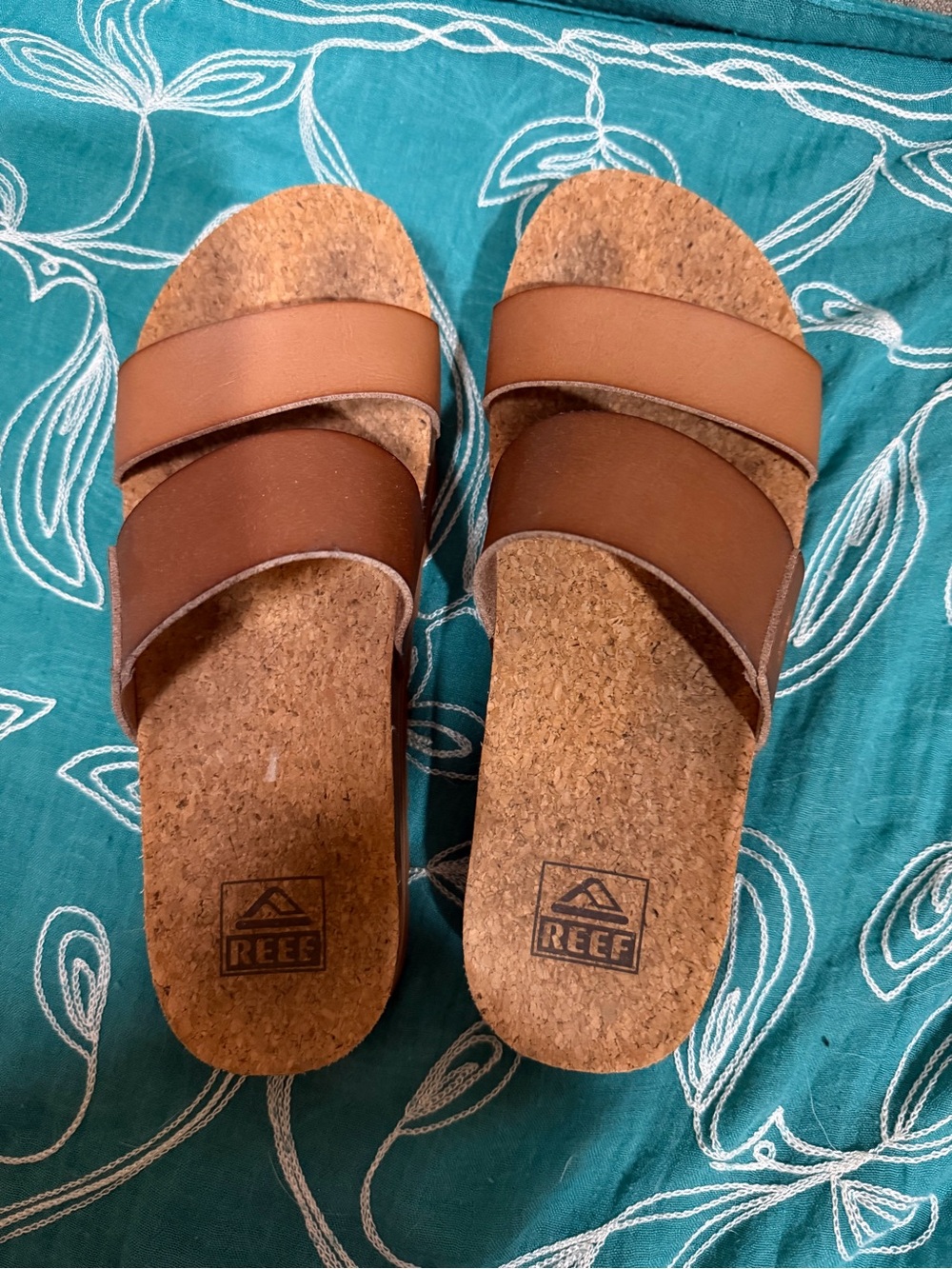 Reef Two-Strap Tan/Brown Cork Slide Sandals